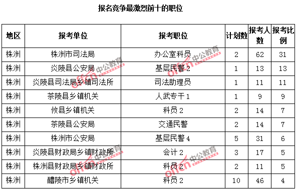 										报名竞争最激烈前十的职位